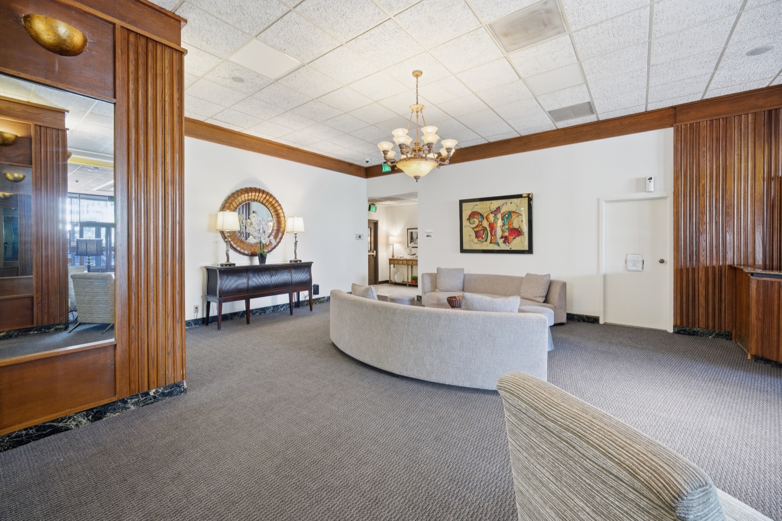 Resident lounge with chandelier
